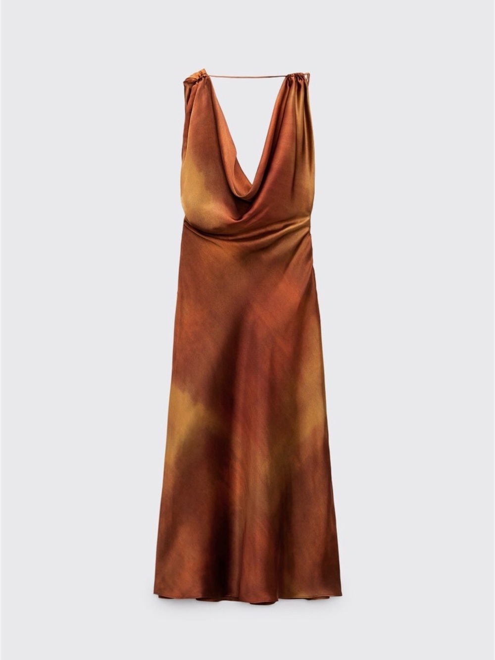 Zara Draped Satin Maxi Dress in Rust and Mustard